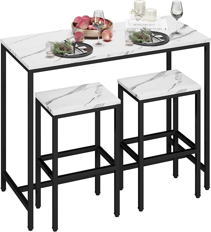 Yongchuang 3 Piece Bar Table Set, Bar Table and Chairs Set of 2, Modern Counter Height Table with 2 Stools for Kitchen, Dining Room, Living Room Breakfast Table White Faux Marble Wood Top - LeafyLoom