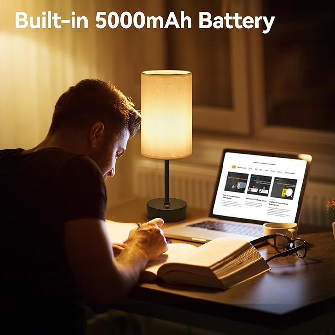 Cordless Table Lamp, Built-in 5000mAh Fast Rechargeable Table Lamp Cordless,Stepless Dimmable Battery Powered Lamp, Wireless Lamp with Memory Function, Lasting 140+H,Black - LeafyLoom
