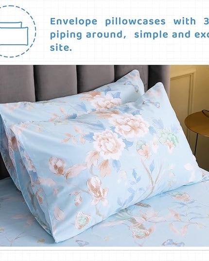 QSH 100% Cotton Floral Sheets for Split King Size Bed, Blue Flowers Plant Pattern Botanical Luxury Cotton Printed Floral Bedding Split King Sheet with Deep Pockets 17" Soft and Breathable 5pcs - LeafyLoom