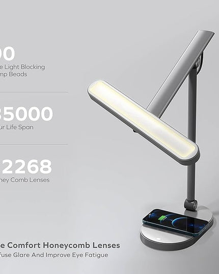 MOMAX LED Desk Lamp with 15W Wireless Charger, Eye-Caring Q.Led Table Lamp with Light Sensor, 1000 Lumens, 10W USB Port, Foldable & Rotatable, Desk Light for Home Office, Reading, Studying (White) - LeafyLoom