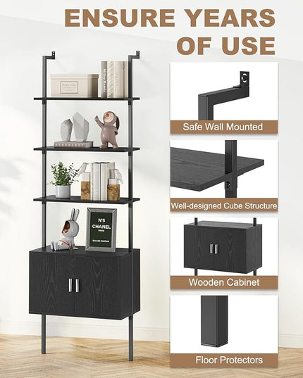 Gadroad Ladder Bookshef with Cabinet, Wall Mounted Bookcases, 5 Tier Tall Open Display Rack, 73" Metal Industrial Bookshelf, Storage Shelves for Livingroom, Home Office, Black - LeafyLoom