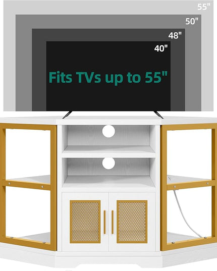 YITAHOME Corner TV Stand for TVs up to 55/50 Inch with Power Outlet, Modern Farmhouse Entertainment Center, Wood TV Media Console with Storage Cabinets Shelves for Living Room, 47", Gold - LeafyLoom