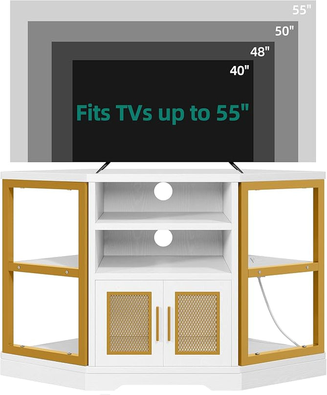 YITAHOME Corner TV Stand for TVs up to 55/50 Inch with Power Outlet, Modern Farmhouse Entertainment Center, Wood TV Media Console with Storage Cabinets Shelves for Living Room, 47", Gold - LeafyLoom