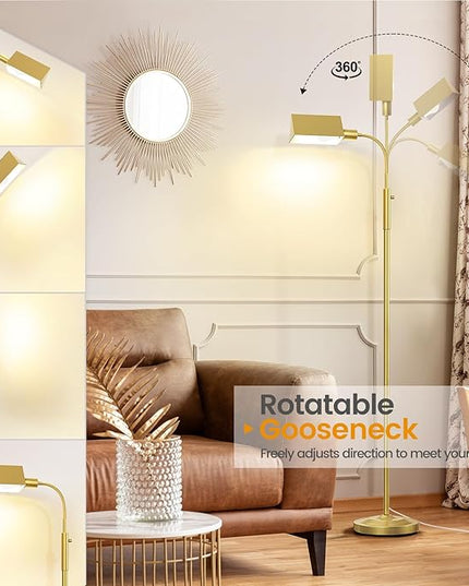 Stepless Dimmable Floor Lamp, Modern Reading Floor Lamp with Adjustable Metal Gooseneck, Standing Lamp for Living Room Bedroom Office Home Decor, 9W E26 Base Bulb Included(Gold) - LeafyLoom