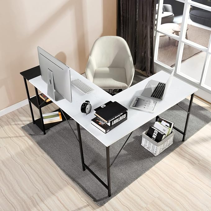 FurnitureR L-Shaped 58.3''Corner Computer Desk with Storage Shelf Long Gaming Desk for Home Office PC Workstation Saving Space Laptop Table (White and Black) - LeafyLoom