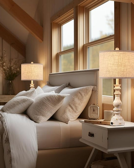 Farmhouse Bedside Table Lamps Set of 2, Bedroom Lamps for Nightstand with USB A+C Ports, 28” Rustic Vintage Living Room Lamps with Rotary Switch - Bulb Not Included - LeafyLoom