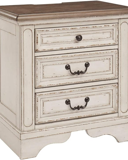 Signature Design by Ashley Realyn French Country 60" Home Office Lift Top Desk with USB Charging, Chipped White and 3 Drawer Nightstand with Electrical Outlets & USB Ports, Chipped White - LeafyLoom