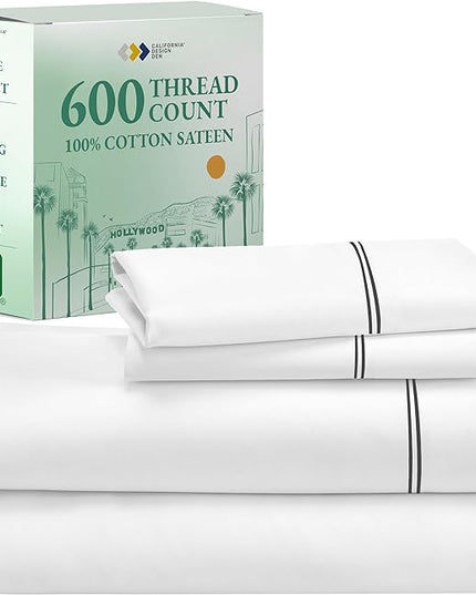 California Design Den Luxury King Size Sheet Set - 100% Cotton, 600 Thread Count Deep Pocket King Sheets, Hotel-Quality Bedding with Sateen Weave - White Embroidered Grey - LeafyLoom