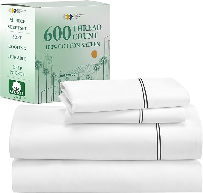California Design Den Luxury King Size Sheet Set - 100% Cotton, 600 Thread Count Deep Pocket King Sheets, Hotel-Quality Bedding with Sateen Weave - White Embroidered Grey - LeafyLoom