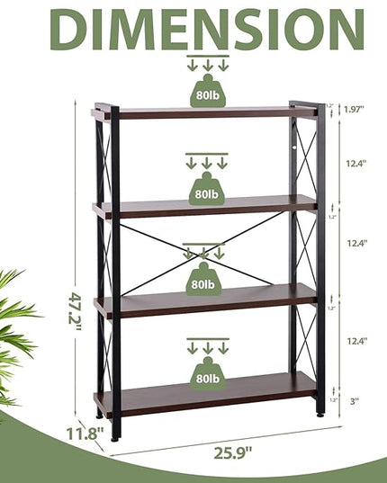 Small Shelf Industrial Bookshelf,4-Tier Wood Short Book Shelf Office Shelves with Metal Frame,Rustic Bookshelves Open Shelf Bookcase for Bedroom,Living Room,Office Home(Berry Brown) - LeafyLoom
