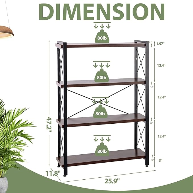 Small Shelf Industrial Bookshelf,4-Tier Wood Short Book Shelf Office Shelves with Metal Frame,Rustic Bookshelves Open Shelf Bookcase for Bedroom,Living Room,Office Home(Berry Brown) - LeafyLoom