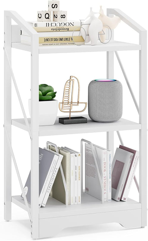 Vagusicc 3 Tier Bookshelf, Small Book Shelf Industrial Bookshelf, Wood Short Book Shelf Office Shelves with Metal Frame, White Open Shelf Storage Organizer Bookcase for Living Room Bedroom, White - LeafyLoom
