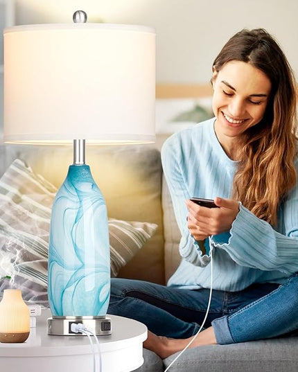 26" Coastal Table Lamps Set of 2, Modern Table Lamps with USB A+C Ports & AC Outlet, Touch Control Glass Bedside Nightstand Lamp with Night Light for Living Room Bedroom End Table Blue(Bulbs Included) - LeafyLoom