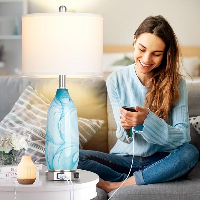 26" Coastal Table Lamps Set of 2, Modern Table Lamps with USB A+C Ports & AC Outlet, Touch Control Glass Bedside Nightstand Lamp with Night Light for Living Room Bedroom End Table Blue(Bulbs Included) - LeafyLoom
