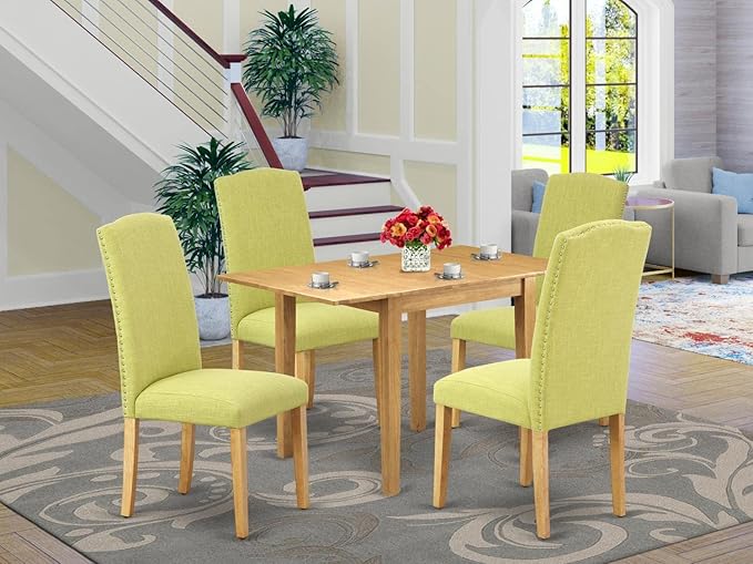 East West Furniture Norden 5 Piece Room Furniture Set Includes a Rectangle Dining Table with Dropleaf and 4 Limelight Linen Fabric Upholstered Chairs, 30x48 Inch, NDEN5-OAK-07 - LeafyLoom
