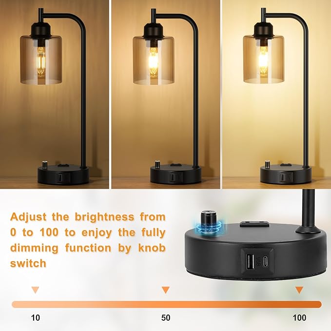 Industrial Bedside Lamps for Nightstand Set of 2 - Fully Dimmable Bedroom Lamps with USB A C Ports and Outlet, Black Table Lamps with Amber Glass Shade for Living Room, Desk Lamps for Office Reading - LeafyLoom