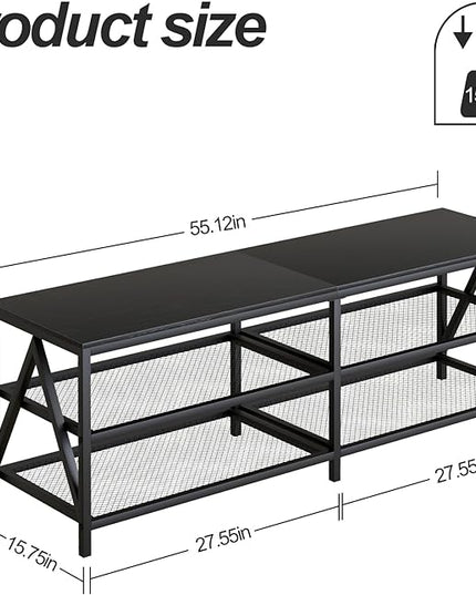 TV Stand for TV up to 65 Inch, Long 55" TV Cabinet with 3-Tier Storage Shelves,Entertainment Center TV Console Table for Living Room with Industrial TV Metal Frame, Black Oak - LeafyLoom