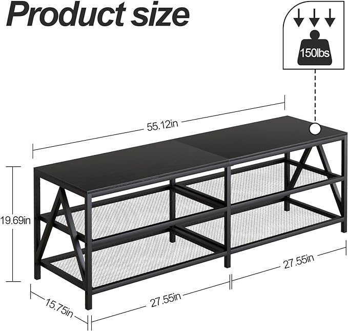 TV Stand for TV up to 65 Inch, Long 55" TV Cabinet with 3-Tier Storage Shelves,Entertainment Center TV Console Table for Living Room with Industrial TV Metal Frame, Black Oak - LeafyLoom