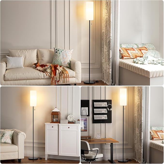 Ambimall Floor Lamp for Living Room with 3 Color Temperatures Bulb, 64" Standing lamp with Linen lampshade for Bedroom, Minimalist Pole Lamp, White Shade & Black Pole - LeafyLoom
