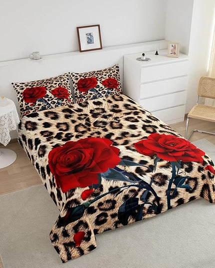 Rose Flower Comforter Set for Teens Adult Women Wedding Gift, Leopard Print Bedding Set Queen Size, Valentine's Day Cheetah Duvet Sets Leopard Animal Skin Down Comforter for Bedroom Decor, Brown - LeafyLoom
