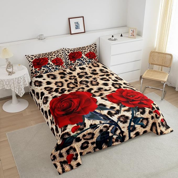 Rose Flower Comforter Set for Teens Adult Women Wedding Gift, Leopard Print Bedding Set Queen Size, Valentine's Day Cheetah Duvet Sets Leopard Animal Skin Down Comforter for Bedroom Decor, Brown - LeafyLoom