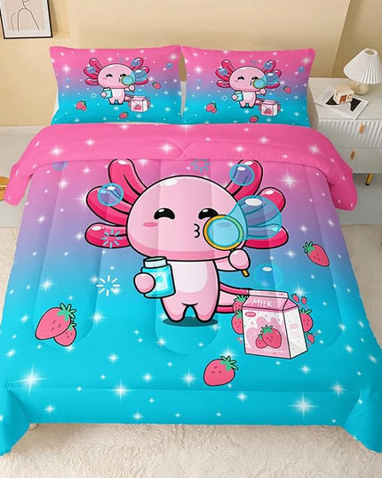 Kawaii Axolotl Comforter,Pink Salamander Comforter Set for Kids Teens Girls,3Pcs Bedding Set Printed Comforter with 2 Pillowcases,Down Alternative,Soft and Lightweight(Pink，King Size) - LeafyLoom