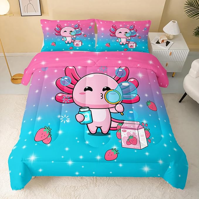 Kawaii Axolotl Comforter,Pink Salamander Comforter Set for Kids Teens Girls,3Pcs Bedding Set Printed Comforter with 2 Pillowcases,Down Alternative,Soft and Lightweight(Pink，King Size) - LeafyLoom