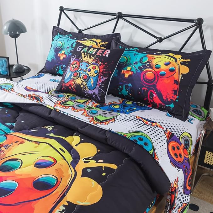 ADASMILE A & S Gamer Comforter Sets for Boys Teens 6 Pieces Gaming Bedding Set Twin Size Colorful Video Game Gaming Comforter for Kids Gamer Bed in A Bag Comforter with Gamer Sheets Home Decor - LeafyLoom