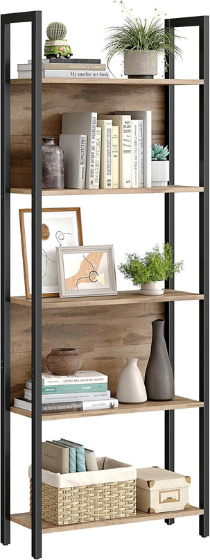 VASAGLE 5-Tier Bookshelf, Book Shelf, Industrial Bookcase, with Steel Frame, for Living Room, Home Office, Bedroom, 9.4 x 24.4 x 65 Inches, Camel Brown and Black ULLS025B50 - LeafyLoom