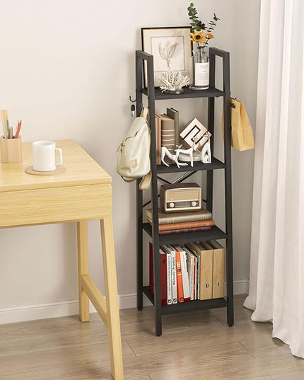 YMYNY 4 Tiers Ladder Bookcase, Industrial Narrow Bookshelf, Open Display Rack with 4 S Hooks, Metal Storage Shelves for Bedroom, Home Office, Living Room, Black, 49.2H*13.4L*11.8W, UHBC024B - LeafyLoom