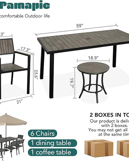 Pamapic Aluminum Outdoor Dining Set, Patio Dining Set for 8 with 6 Outdoor Stackable Chairs, Patio Table and Chairs Set with Plastic-Wood Table Top for Patio, Garden(Charcoal Gray) - LeafyLoom