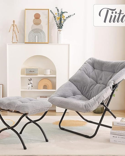 Tiita Saucer Chair with Ottoman, Soft Faux Fur Oversized Folding Accent Chair,Lounge Lazy Chair, Metal Frame Moon Chair for Bedroom, Living Room, Dorm Rooms, Garden and Courtyard - LeafyLoom