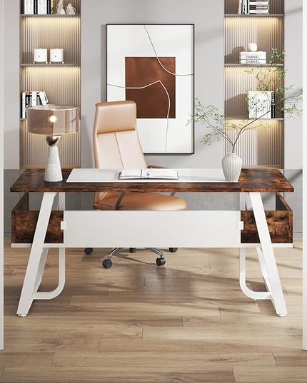 Tribesigns Office Executive Desk, 63 inch Large Computer Desk Writing Desk with Storage Shelf, Modern Simple Workstation Business Furniture for Home Office, White Rustic Brown - LeafyLoom