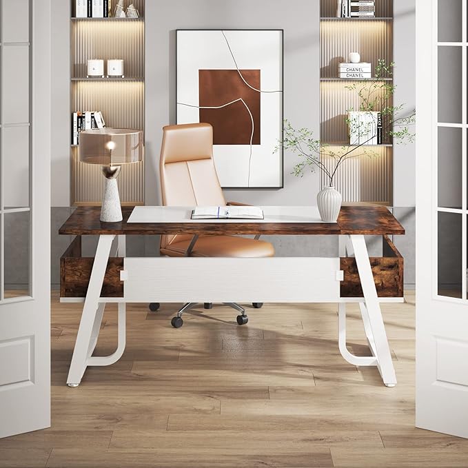 Tribesigns Office Executive Desk, 63 inch Large Computer Desk Writing Desk with Storage Shelf, Modern Simple Workstation Business Furniture for Home Office, White Rustic Brown - LeafyLoom