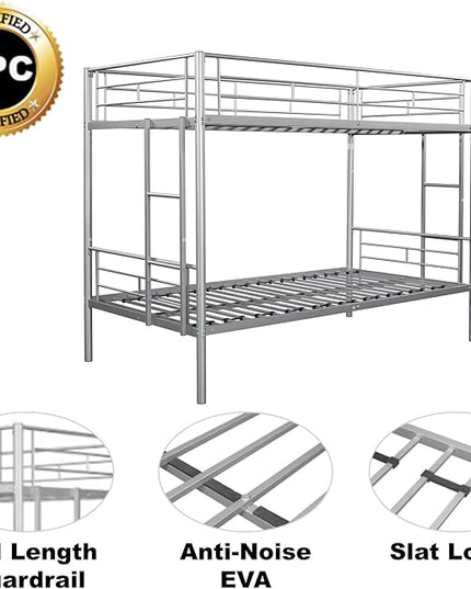 Metal Twin over Twin Bunk Bed,Heavy-duty Sturdy Metal-bed,Noise Reduced Design, 2 Side Ladders, Safety Guardrail,CPC Certified,No Box Spring Needed,Bedroom Furniture,Silver - LeafyLoom