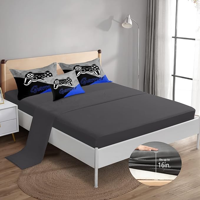 6 Pieces Bed in A Bag Gamer Bedding Set for Boys Kids Adult Gaming Comforters Set,Boys Bed in A Bag Set Full Size Comforter with Fitted Shee Flat Sheet Pillowcase pillowsham,DJT5002Queen - LeafyLoom