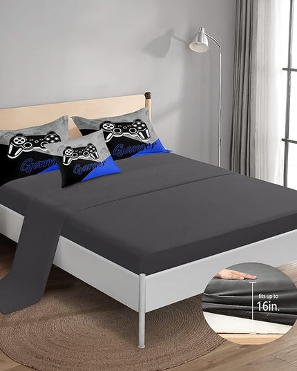 6 Pieces Bed in A Bag Gamer Bedding Set for Boys Kids Adult Gaming Comforters Set,Boys Bed in A Bag Set Full Size Comforter with Fitted Shee Flat Sheet Pillowcase pillowsham,DJT5002Full - LeafyLoom