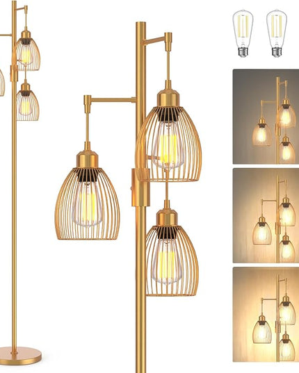 Gold Floor Lamp, Dimmable Industrial Floor Lamp Farmhouse Floor Lamps for Living Room with Cages 70'' Tall Lamp Modern Floor Lamp Standing Lamp for Bedroom Office Living Room 3 LED Bulbs Included - LeafyLoom