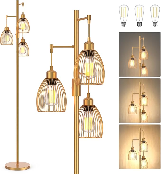 Gold Floor Lamp, Dimmable Industrial Floor Lamp Farmhouse Floor Lamps for Living Room with Cages 70'' Tall Lamp Modern Floor Lamp Standing Lamp for Bedroom Office Living Room 3 LED Bulbs Included - LeafyLoom