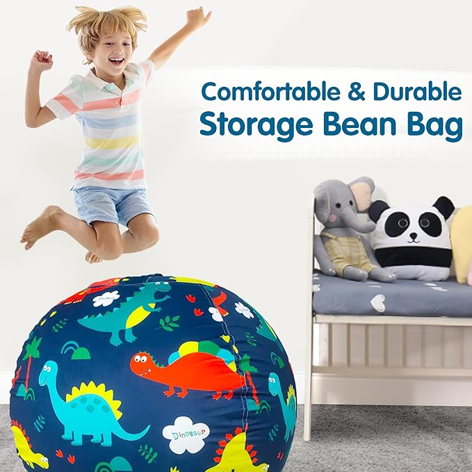 Lukeight Stuffed Animal Storage Bean Bag Chair Cover for Kids, Dinosaur Zipper Beanbag Chair Cover for Organizing Toddler & Kids' Rooms Plush Toys (Dinosaur Navy, X-Large) - LeafyLoom