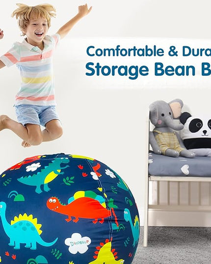 Lukeight Stuffed Animal Storage Bean Bag Chair Cover for Kids, Dinosaur Zipper Beanbag Chair Cover for Organizing Toddler & Kids' Rooms Plush Toys (Dinosaur Navy, Large) - LeafyLoom