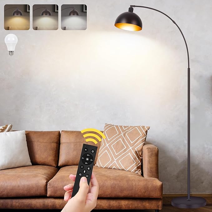 Bronze Arch Floor Lamps for Living Room Dimmable - Upgraded 9W LED Arc Lamp with 4 Color Temperatures, Remote Control Rustic Arched Floor Lamp, Reading Standing Lamp for Bedroom (Bulb Included) Brown - LeafyLoom