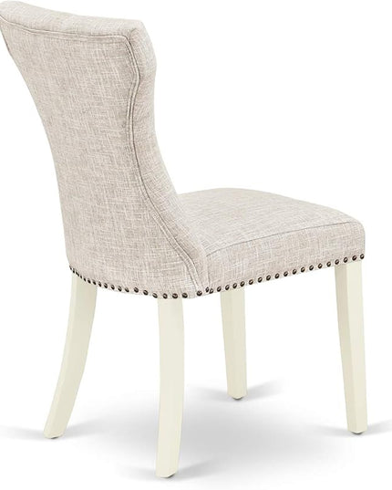 East West Furniture DMGA5-LWH-35 5 Piece Modern Dining Table Set Includes a Round Wooden Table with Dropleaf and 4 Doeskin Linen Fabric Parsons Dining Chairs, 42x42 Inch, Linen White - LeafyLoom