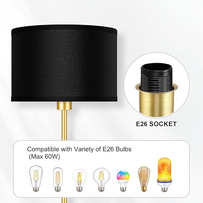 BoostArea Gold Floor Lamp Standing Lamp, 9W LED Floor Lamps with 3 Color Temperatures, Simple Tall Lamp with Linen Lampshade, On/Off Footswitch, Pole Lamps for Living Room, Bedroom, Office, Black - LeafyLoom