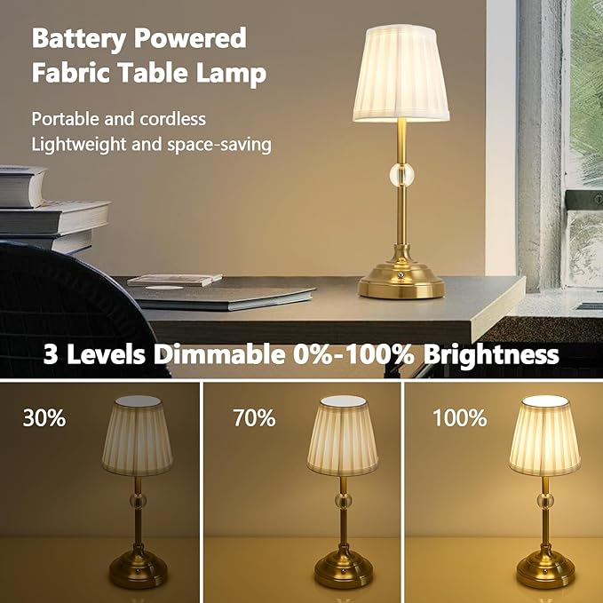LED Cordless Table Lamps Rechargeable 5000mAh Battery Operated Powered Lighting Small Table lamp,Portable Fabric Shade Bronze Table Lamps,Touch Lamp Dimmable for Bedroom/Bedside/Living Room - LeafyLoom
