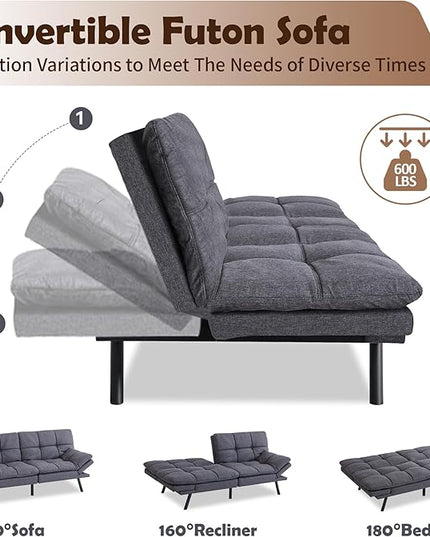 Futon Sofa Bed, Memory Foam Futon Sleeper Sofa Loveseat Convertible Couch Bed for Small Compact Living Spaces,Apartment,Grey Linen Fabric - LeafyLoom