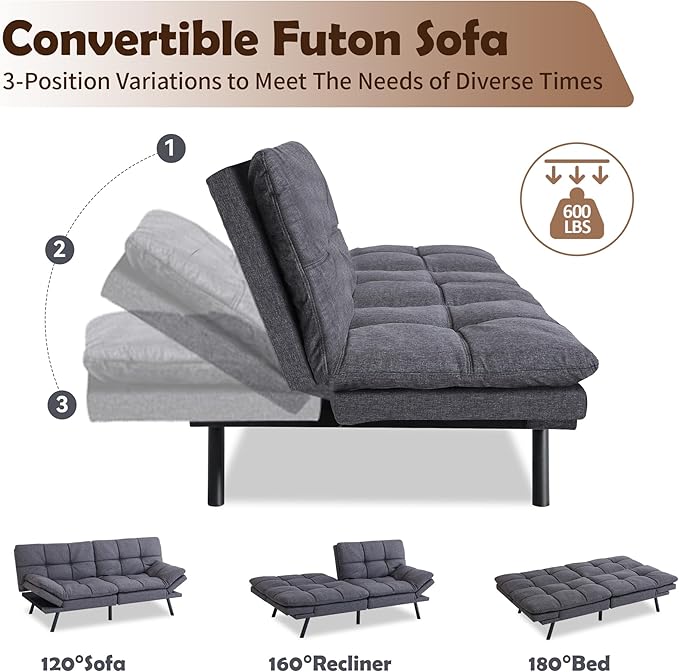 Futon Sofa Bed, Memory Foam Futon Sleeper Sofa Loveseat Convertible Couch Bed for Small Compact Living Spaces,Apartment,Grey Linen Fabric - LeafyLoom