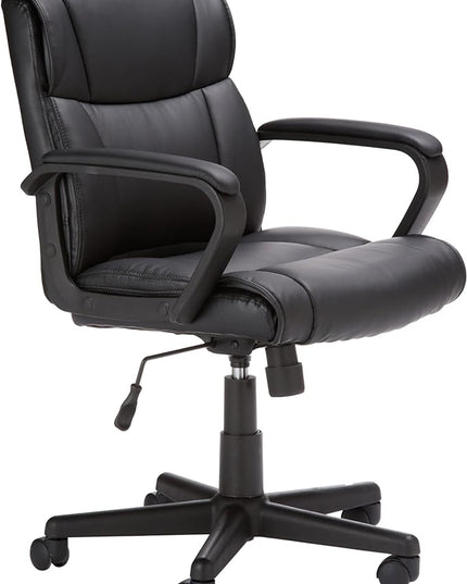 Amazon Basics Office Computer Task Desk Chair with Padded Armrests, Mid-Back, Adjustable, 360 Swivel, Rolling, 275 Pound Capacity, BIFMA Certified, 24.2"D x 24"W x 34.8"H, Black Faux Leather - LeafyLoom