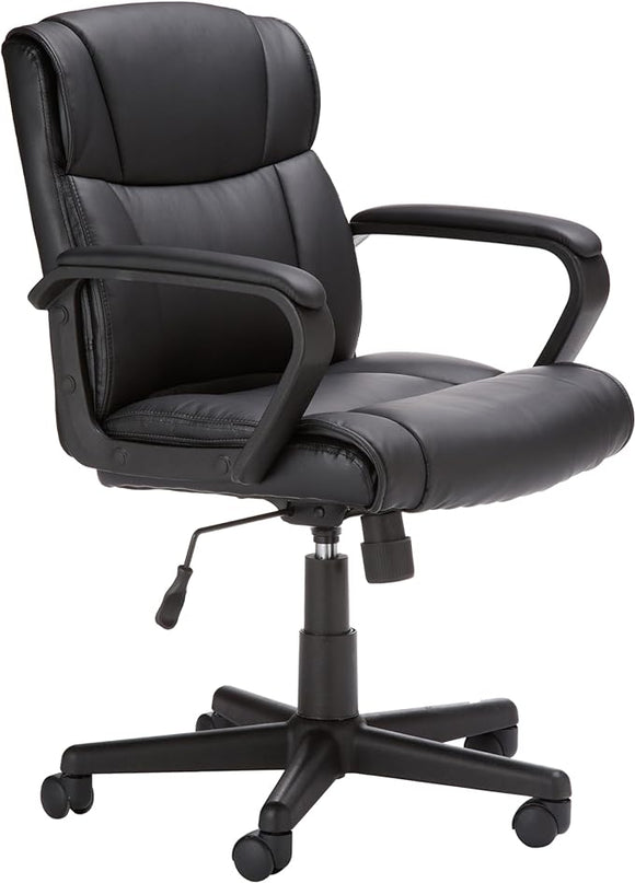 Amazon Basics Office Computer Task Desk Chair with Padded Armrests, Mid-Back, Adjustable, 360 Swivel, Rolling, 275 Pound Capacity, BIFMA Certified, 24.2"D x 24"W x 34.8"H, Black Faux Leather - LeafyLoom