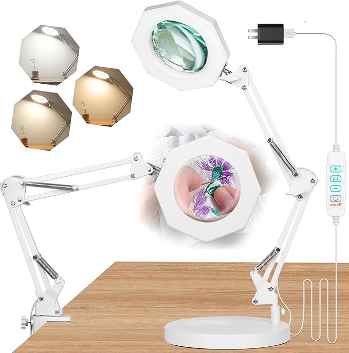 10X Magnifying Glass with Light Hand Free, HITTI 3 Color Stepless Dimmable Magnifying Lamp, 2-in-1 Lighted Deak Lamp & Clamp, Magnifier with Light and Stand for Crafts Reading Close Workbench Repair - LeafyLoom